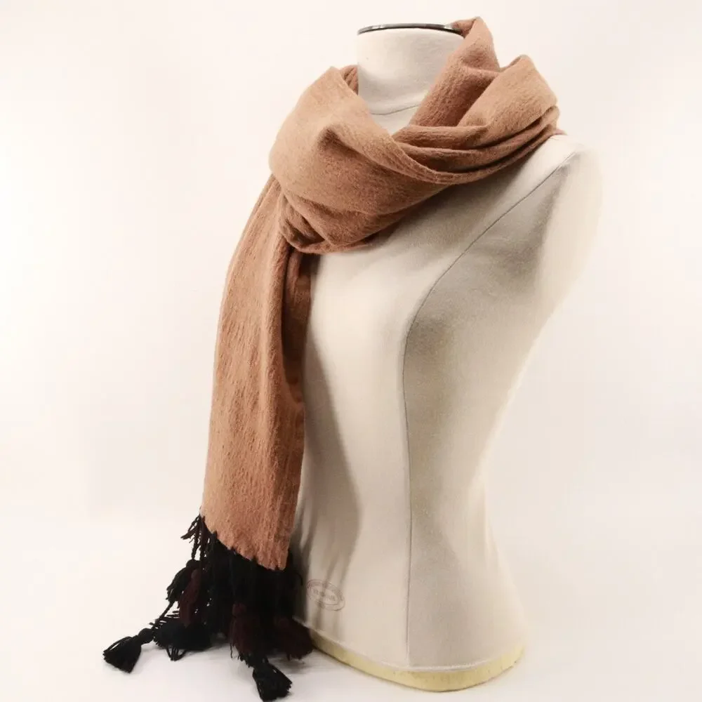 Vintage Paul Martin Worsted Wool Scarf Brown Black Double Layered Tassel Fringe